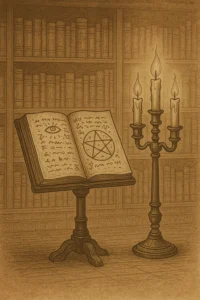 Отворена ритуална книга със символи върху висока стойка, до нея свещник с три горящи свещи, на фона на библиотека, в ретро пергаментов стил.