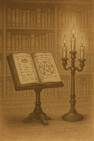 Отворена ритуална книга със символи върху висока стойка, до нея свещник с три горящи свещи, на фона на библиотека, в ретро пергаментов стил.