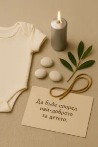 Снимка на детска дреха, бели камъчета, сребриста свещ и златен конец – символични предмети за ритуал за съдебен спор за родителски права