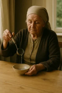 Възрастна жена с побеляла коса седи съсредоточена пред маса, върху която има метална чинийка и разтопен оловен куршум. Тя държи съд над вода, извършвайки древен ритуал за леене на куршум срещу страх и уплаха. Атмосферата е домашна и изпълнена с почит към традицията.