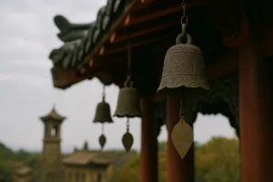 Старинни бронзови камбани висят от покрива на традиционна азиатска сграда, с фонов изглед към храмова кула и дървета в мека утринна светлина