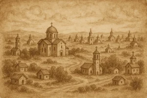 Ретро илюстрация в сепия тонове, изобразяваща множество църкви и параклиси, разположени в пасторална долина с хълмове, дървета и облаци на заден план. Централно се откроява голяма църква с купол и кръст