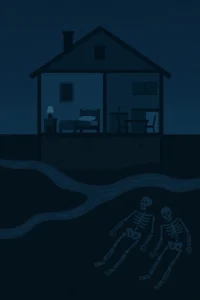 Илюстрация на къща с премахната предна стена, разкриваща етажите. Под земята се виждат подземна река, кости и геопатогенни слоеве – символично представяне на невидимите енергийни влияния върху дома.