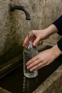 Ръце наливат вода от планинска чешма в стъклено шише, а под струята се вижда каменно корито – сцена, символизираща чистота, природна енергия и ритуално зареждане с изворна вода. 


2/2







