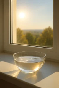 Стъклена купа, пълна с вода, поставена на перваза на прозорец, огрявана от слънчевите лъчи – символ на енергийно зареждане и пречистване със слънчева вода