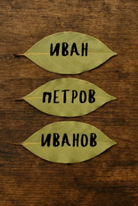 ри дафинови листа с изписани имена: Иван, Петров и Иванов, поставени върху дървена повърхност